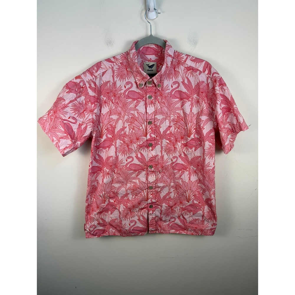 Yiume Pink Flamingo Tropical Print Cotton Short Sleeve Button Down Shirt Size M